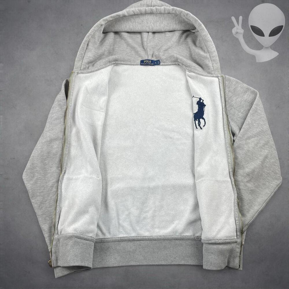 Polo Ralph Lauren Full Zip Hoodie Large Grey USA Big Pony Jacket Vintage 90s - Picture 4 of 6
